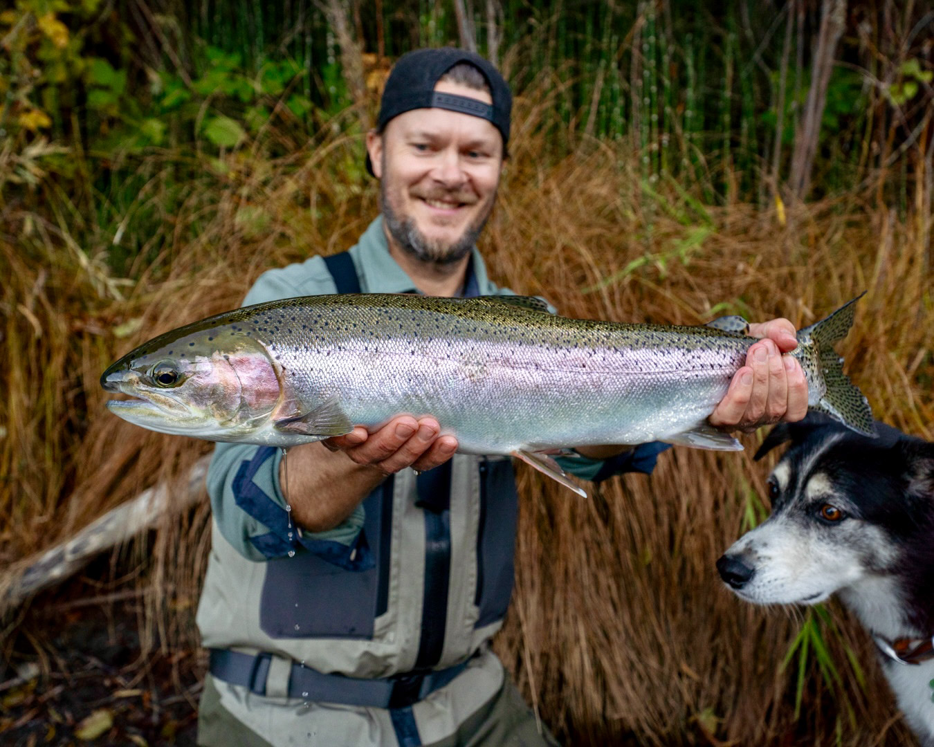 Man holding a trinity river steelhead